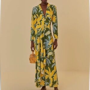 FARM Rio NWT Foliage Sketch Green V Neck Maxi Dress
